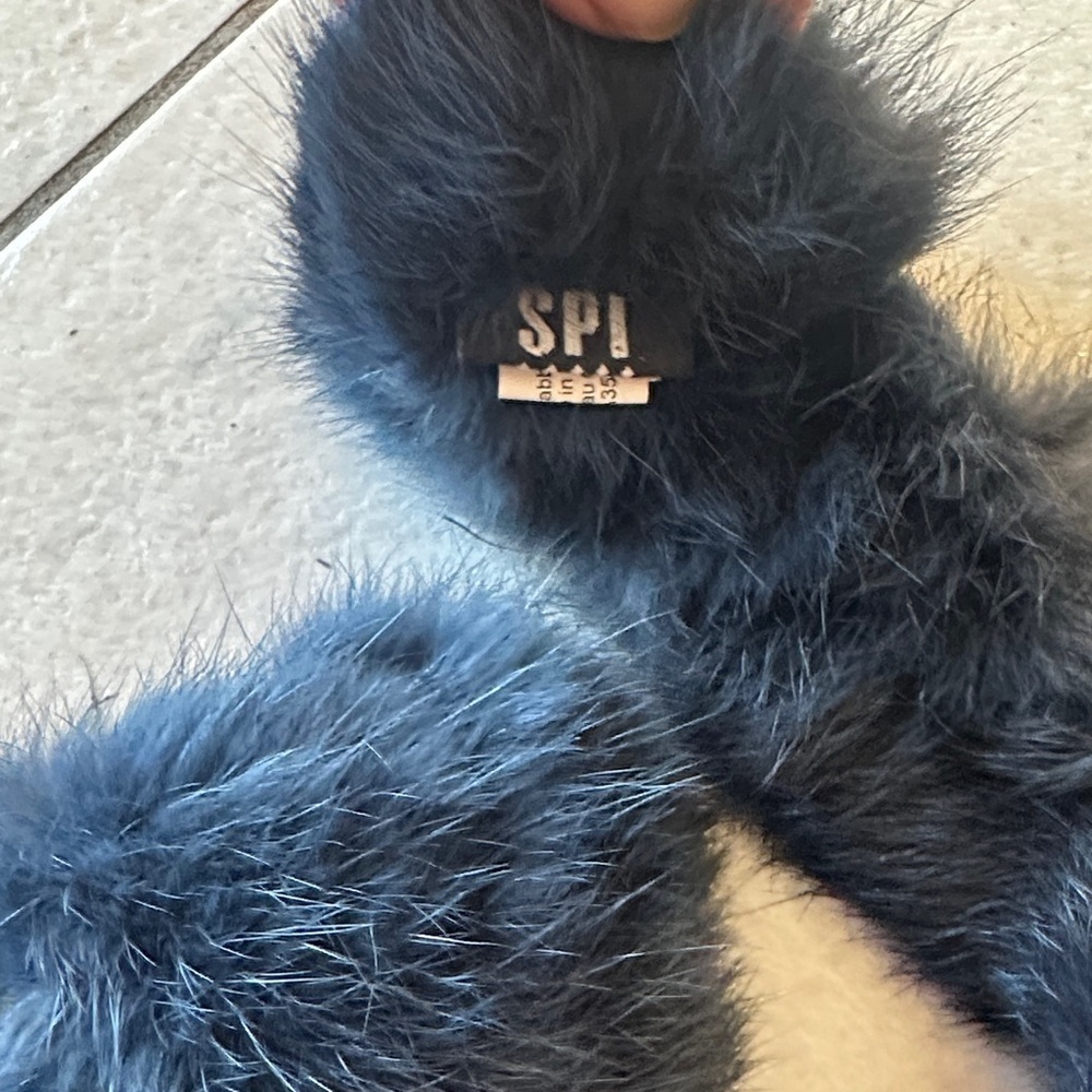 Blue Rabbit Pom Pom Fur Scarf - Picture 2 of 5